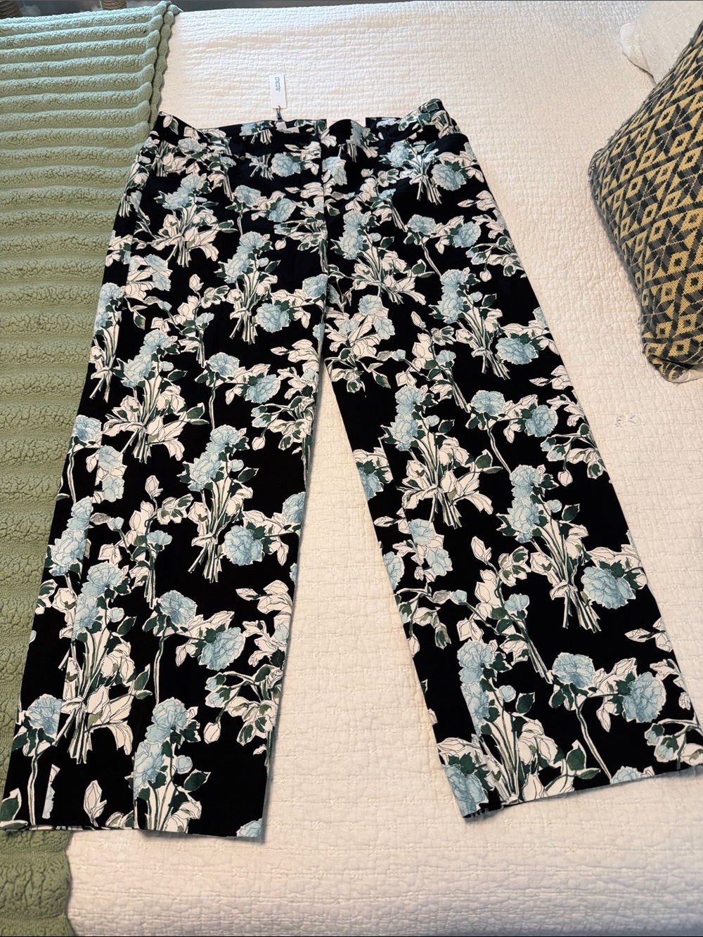 NWT Chico's Black Emme Straight Leg Pants with Light Blue & White Floral Print